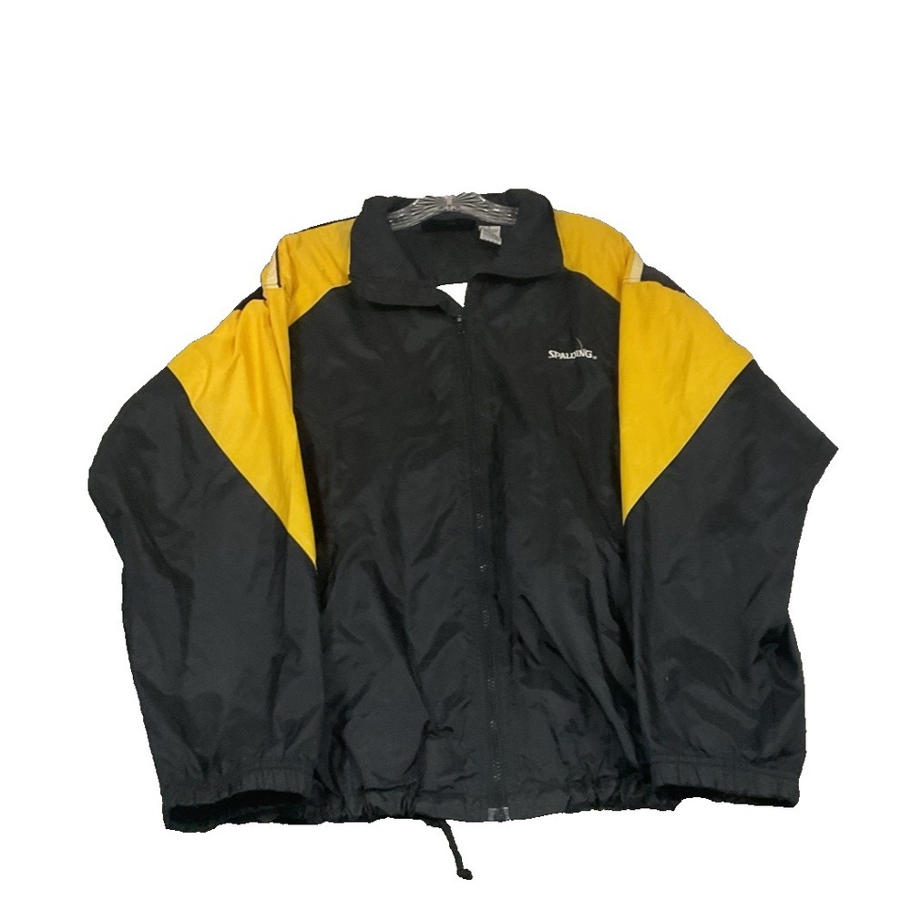 Vtg Spalding‎ Athletic Apparel Black Yellow Lined Packable Windbreaker Jacket L